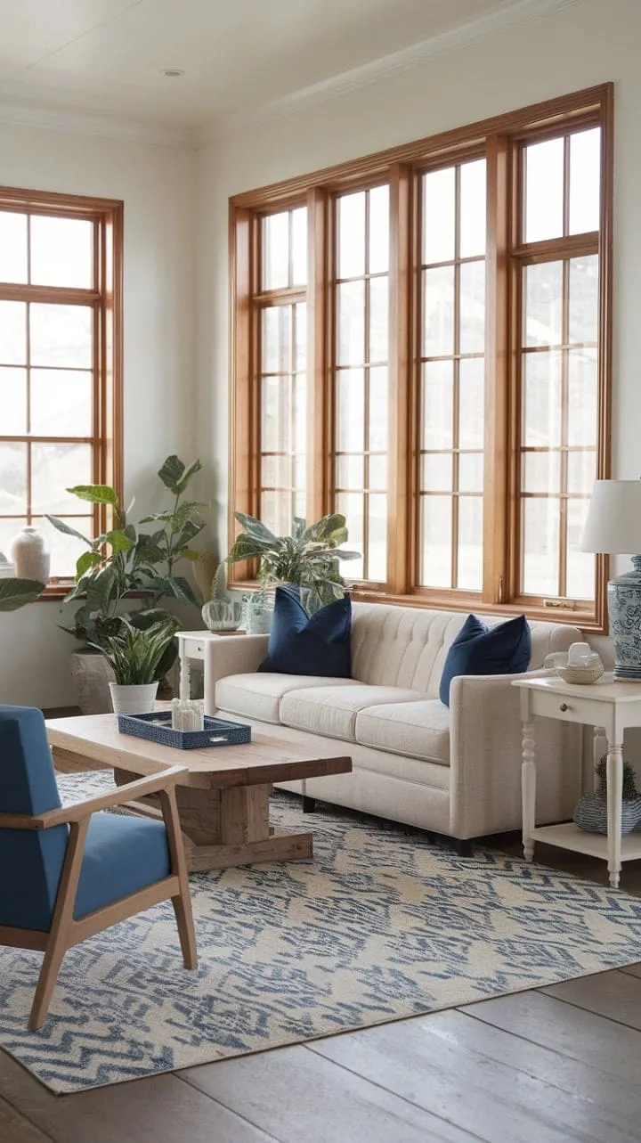 This modern farmhouse living room harmoniously combines coastal charm and rustic coziness, creating a serene sanctuary filled with light and inviting comfort.