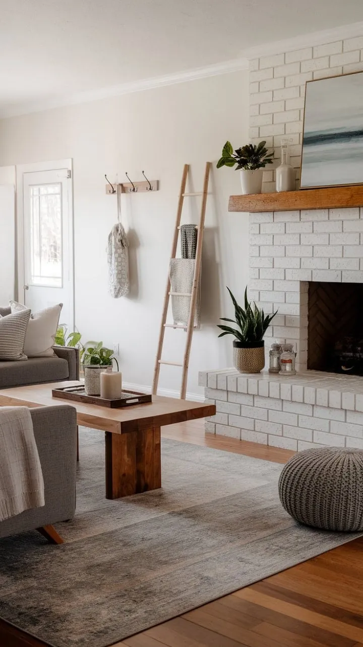 This inviting living room harmoniously fuses coastal serenity with farmhouse charm, featuring a whitewashed brick fireplace, a cozy gray sofa, and subtle nautical accents.