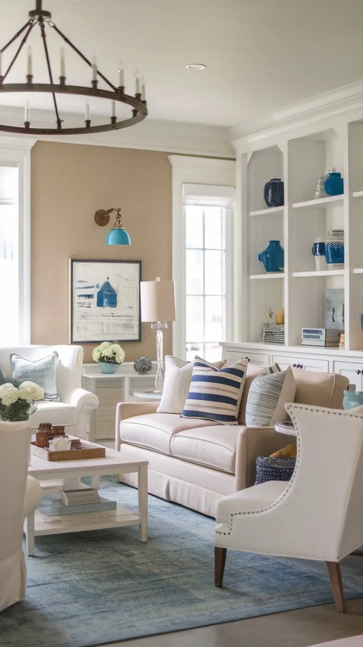 This coastal farmhouse living room harmoniously blends modern and rustic elements in a serene palette, creating a stylish sanctuary for relaxation and simple joys.
