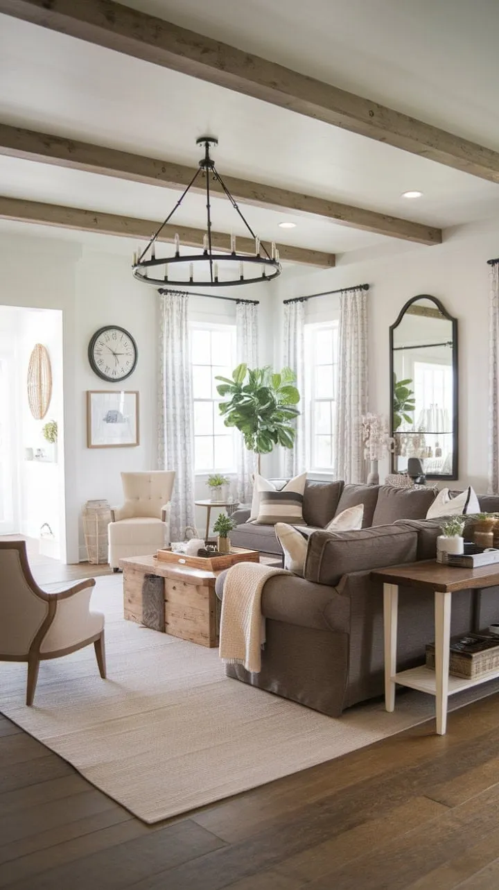 This serene living space harmoniously blends coastal farmhouse charm with modern comfort, featuring rustic wooden beams and a cozy grey sectional for ultimate relaxation.