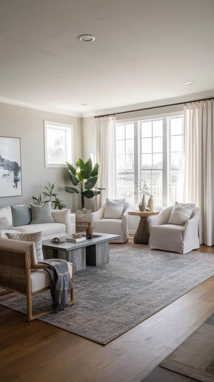 Experience serene elegance in a coastal-inspired modern farmhouse living room, where natural light and calming textures invite you to drift away into tranquility.