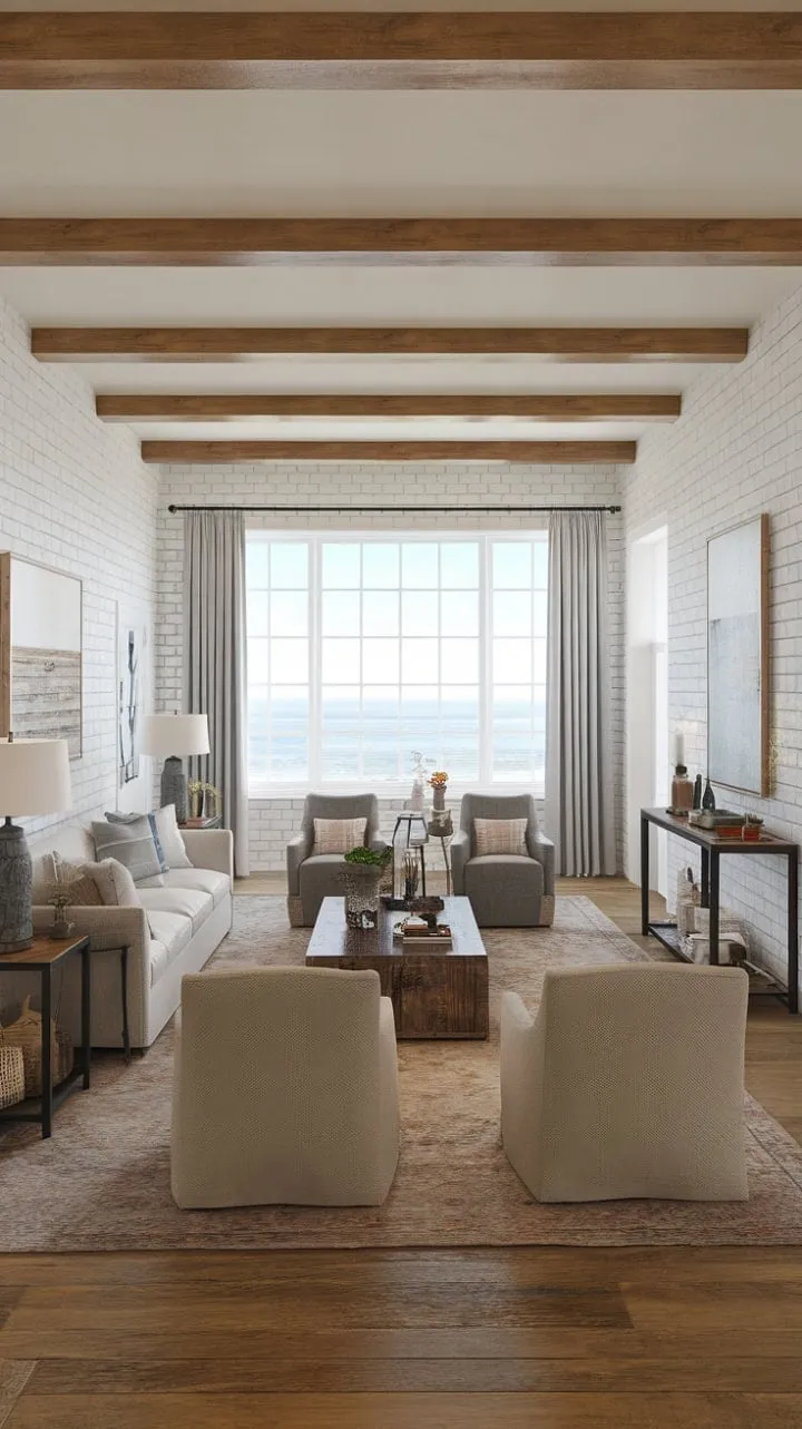 This serene living space harmoniously fuses ocean breezes with farmhouse charm, featuring white brick walls, exposed beams, and cozy coastal accents that create a calming retreat.