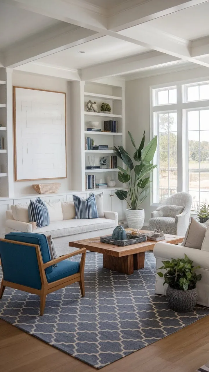 Bathed in sunlight, the coastal farmhouse living room exudes effortless style with its blue and white accents, creating a serene sanctuary where modern meets rustic charm.