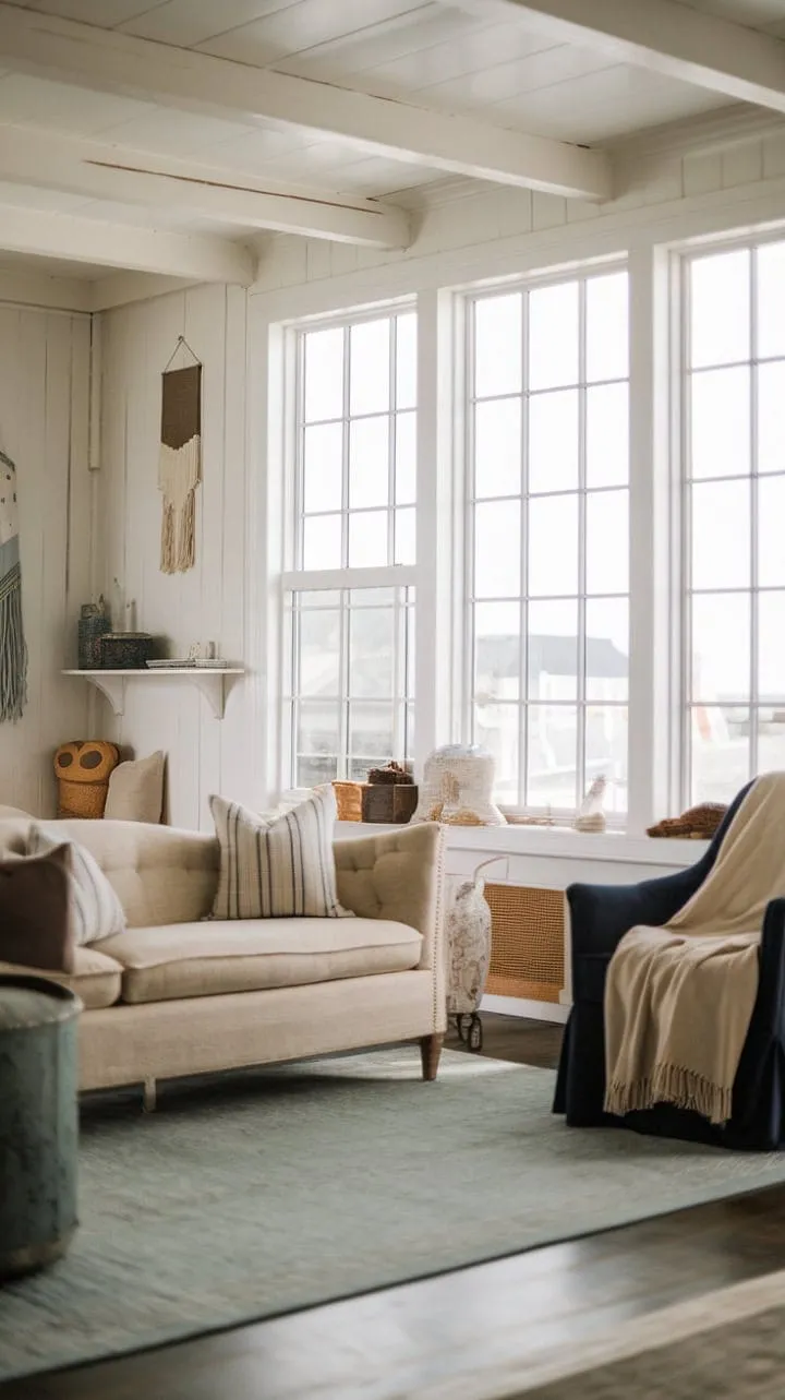 Bathed in sunlight, this modern farmhouse living room blends rustic charm with coastal elegance, creating an inviting oasis of comfort and style.