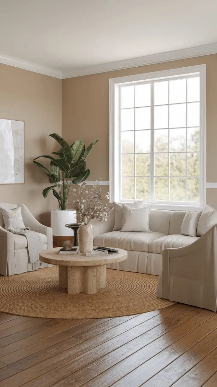 Sunlight bathes the serene coastal farmhouse living room in warmth, where a soothing beige palette and modern comforts create an inviting sanctuary for relaxation.