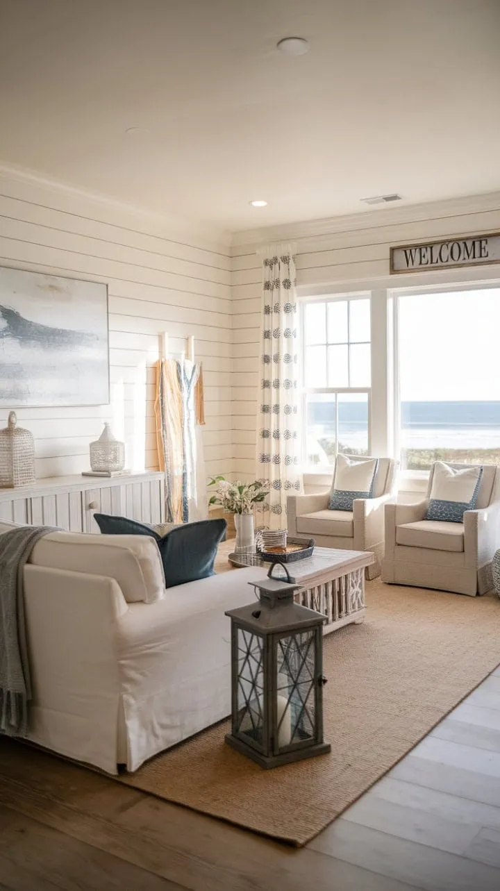 Experience the serene fusion of ocean breezes and farmhouse charm in a tranquil haven adorned with shiplap walls and coastal accents, all framed by breathtaking ocean views.