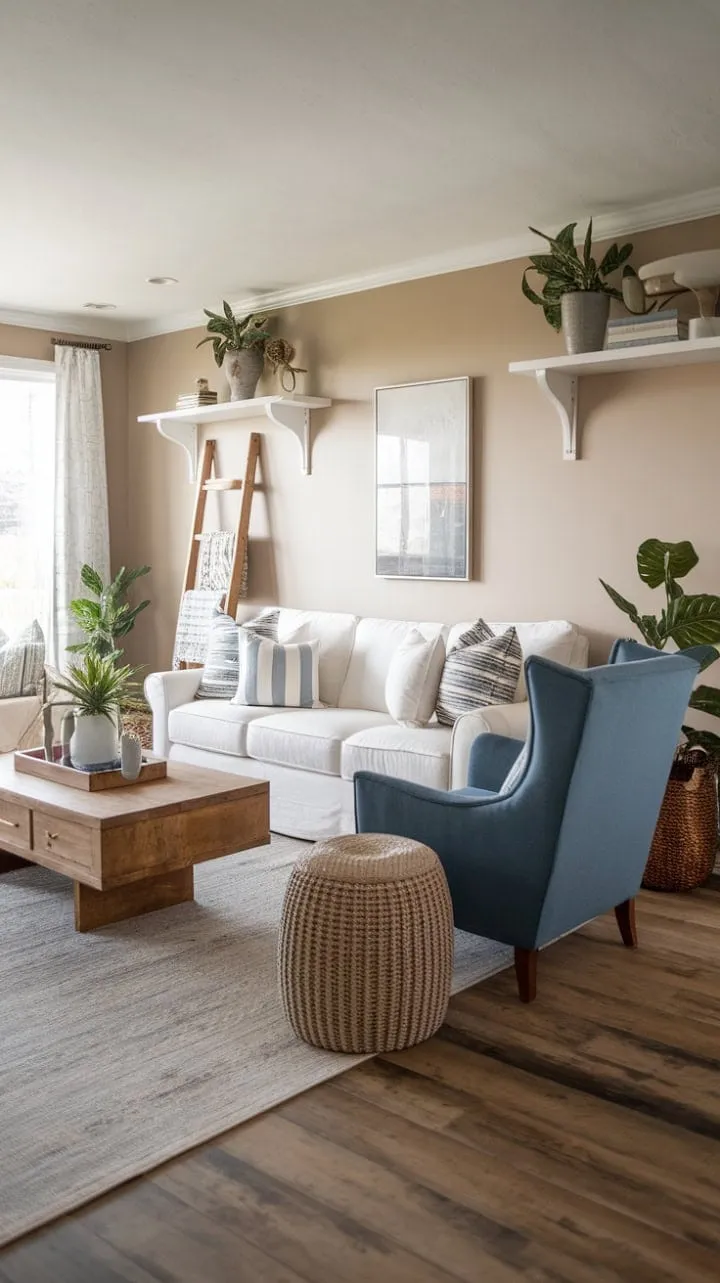 This living room beautifully blends coastal farmhouse charm with modern comfort, showcasing serene creamy walls, a cozy white sofa, and rustic accents that invite relaxation and sophistication.