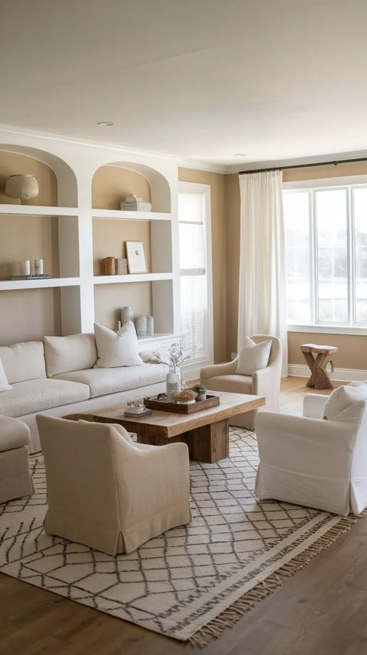 This modern farmhouse living room harmoniously fuses coastal charm and rustic elegance, creating a tranquil retreat with its airy design and warm wood accents.