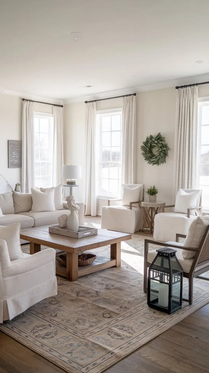 Sunlight dances through sheer curtains, highlighting a serene coastal living room where a cozy beige sofa and textured accents create a harmonious blend of rustic charm and airy elegance.