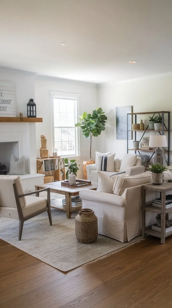 This sunlit living room beautifully fuses coastal farmhouse charm with modern comfort, featuring a creamy sofa and warm wood accents for an inviting yet stylish retreat.