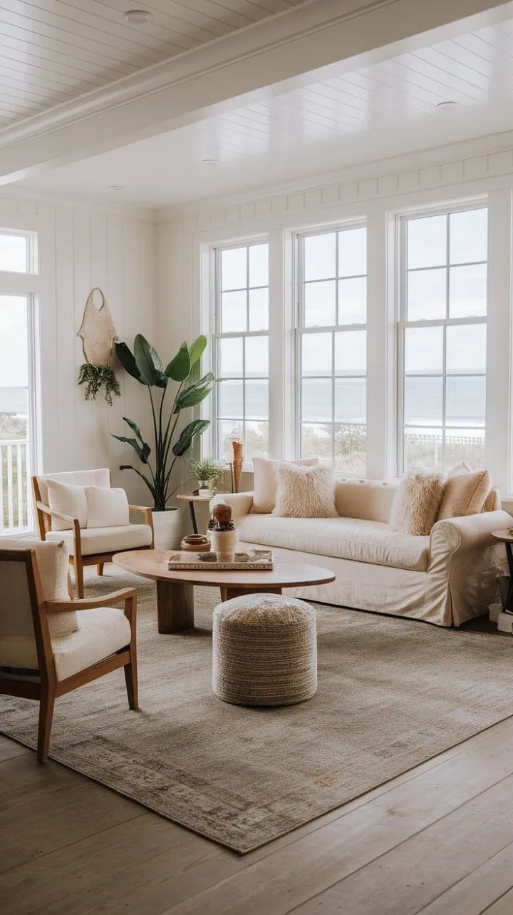In this coastal-inspired farmhouse living room, sunlight waltzes over rustic wooden floors, creating a serene sanctuary that harmoniously fuses modern elegance with rustic charm.