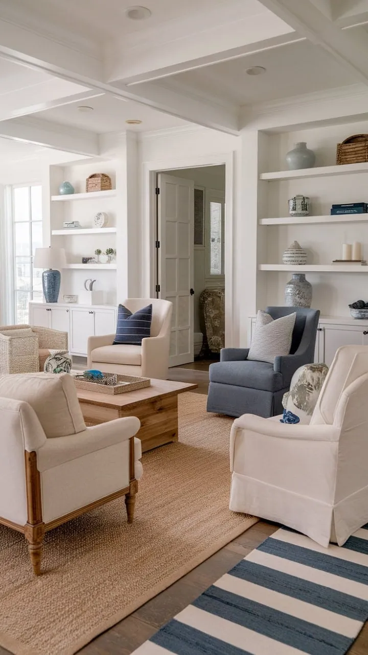 Bathed in sunlight, this coastal farmhouse living room blends inviting textures and tones, crafting a serene haven perfect for relaxation and cherished memories.