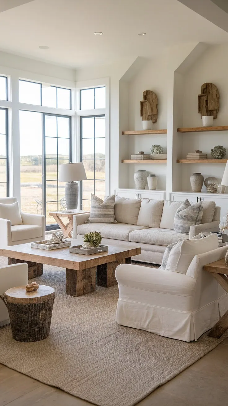 Sunlight streams through the large windows of this coastal farmhouse living room, illuminating the stylish yet relaxed decor. A perfect blend of modern and farmhouse aesthetics, this space offers a tranquil escape with stunning ocean views. A dream come true.