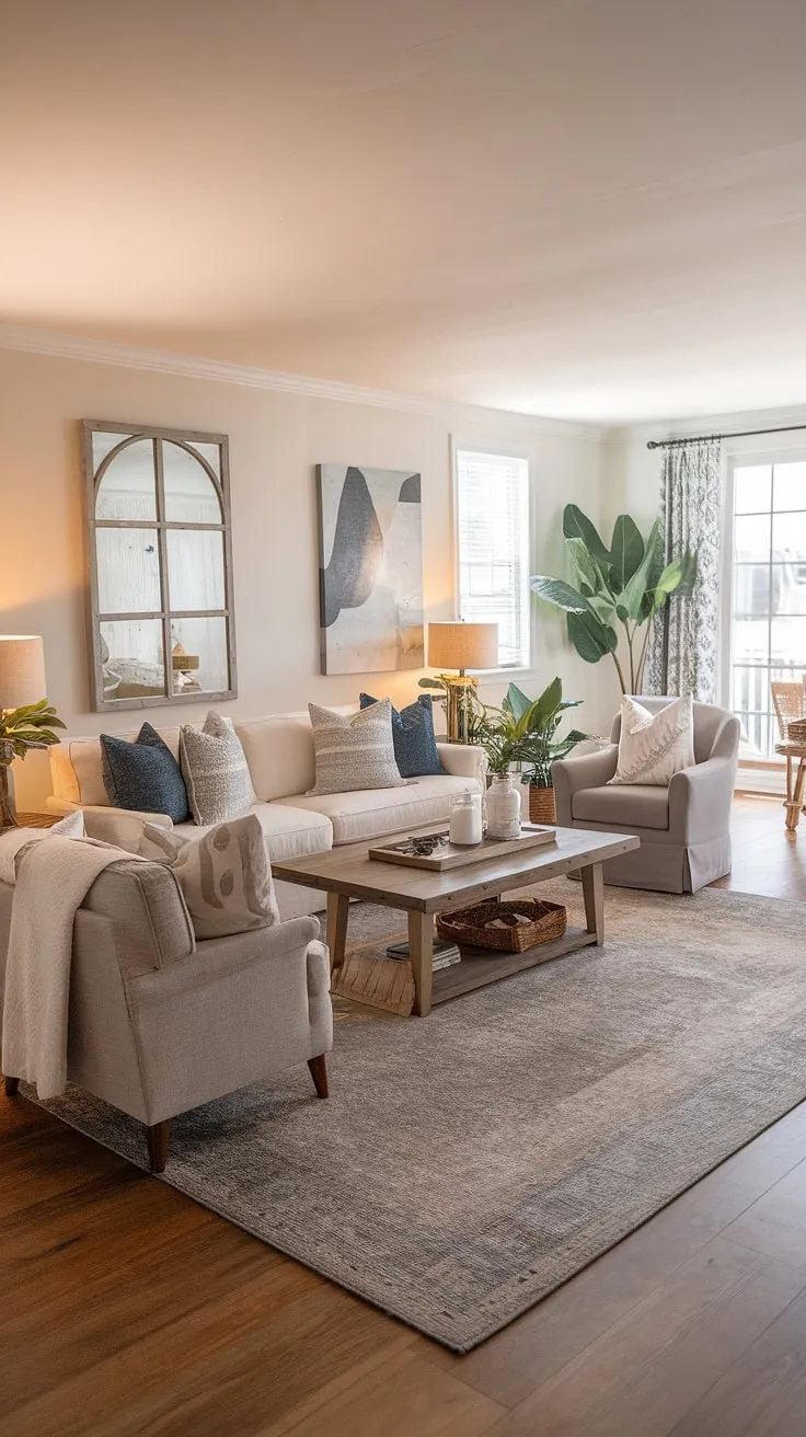 This beautifully styled coastal farmhouse living room effortlessly blends rustic and modern elements. The warm wood floors, comfortable seating, and thoughtful artwork create a welcoming atmosphere, while the large mirror and strategically placed plants add depth and dimension. A perfect example of understated elegance.