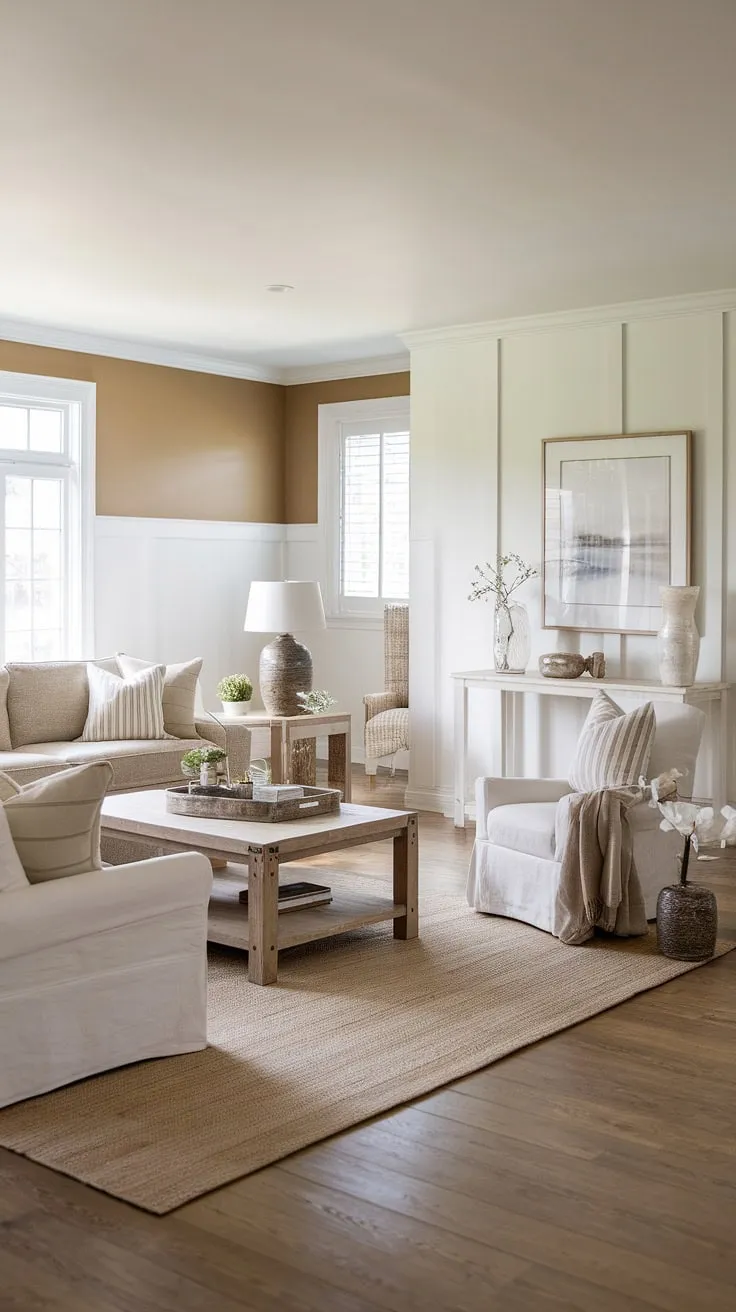 Coastal farmhouse charm meets modern comfort in this serene living space. The neutral palette, punctuated by natural wood tones and tasteful décor, creates a calming atmosphere perfect for relaxation. A perfect blend of textures and styles makes this room feel both inviting and effortlessly chic.