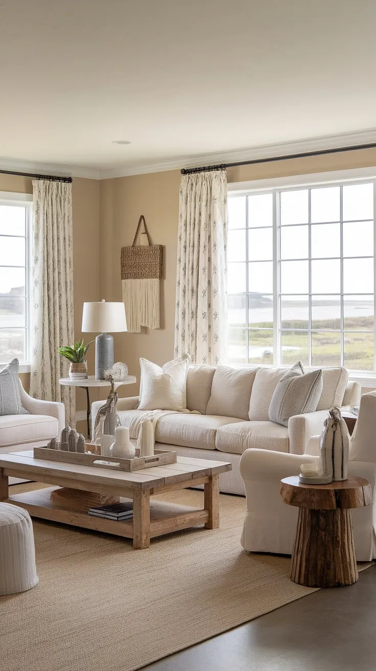 Coastal living at its finest. The calming beige palette, natural wood accents, and breathtaking ocean view create a serene and inviting atmosphere. This space perfectly blends modern farmhouse style with the relaxed charm of a seaside escape. A true sanctuary.
