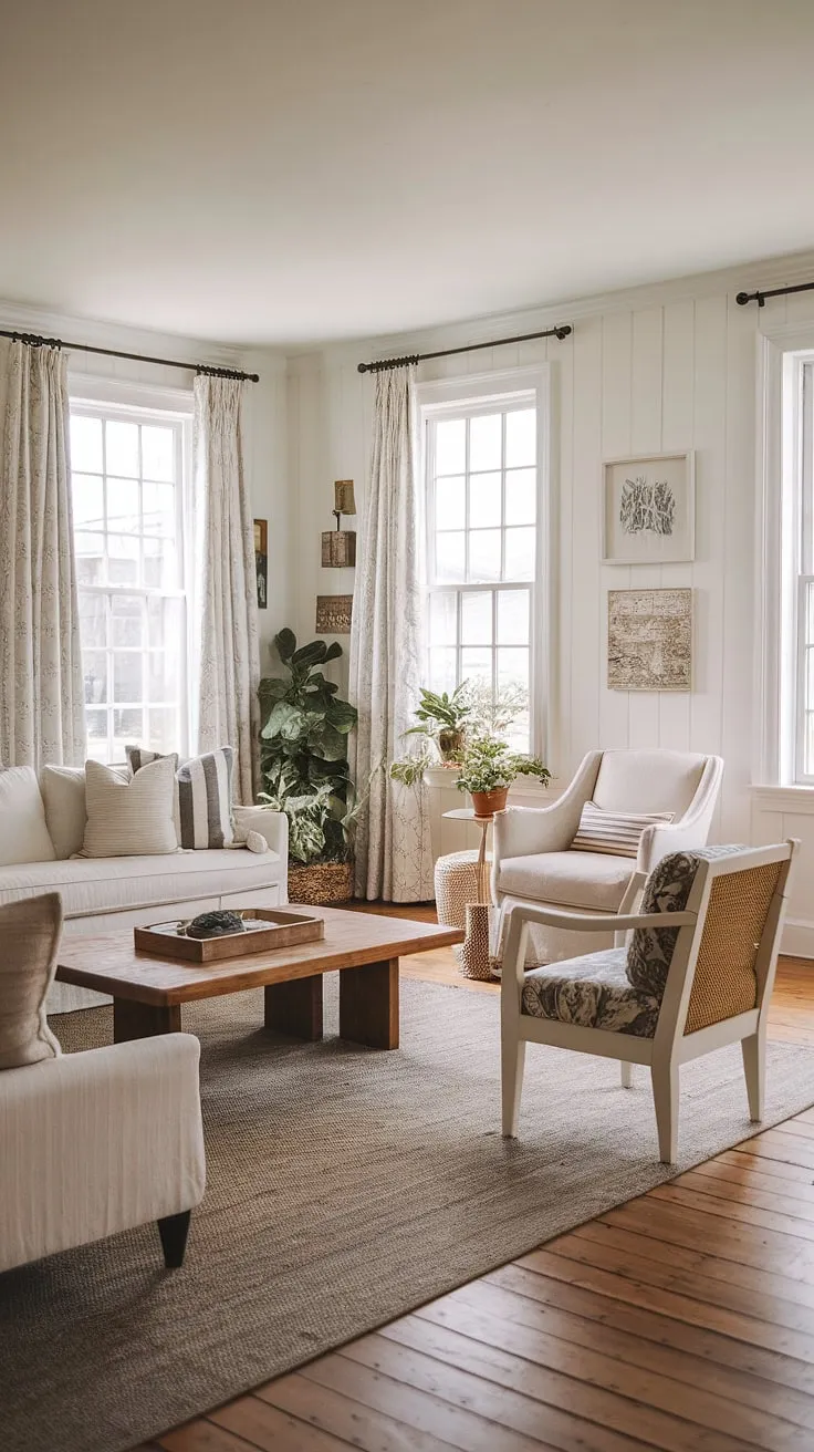 Coastal farmhouse living at its finest. The soft light streaming through the white-framed windows illuminates the warm wood floors and creates a tranquil atmosphere, perfectly complemented by the neutral color palette and comfortable furnishings. A perfect blend of modern and rustic charm.