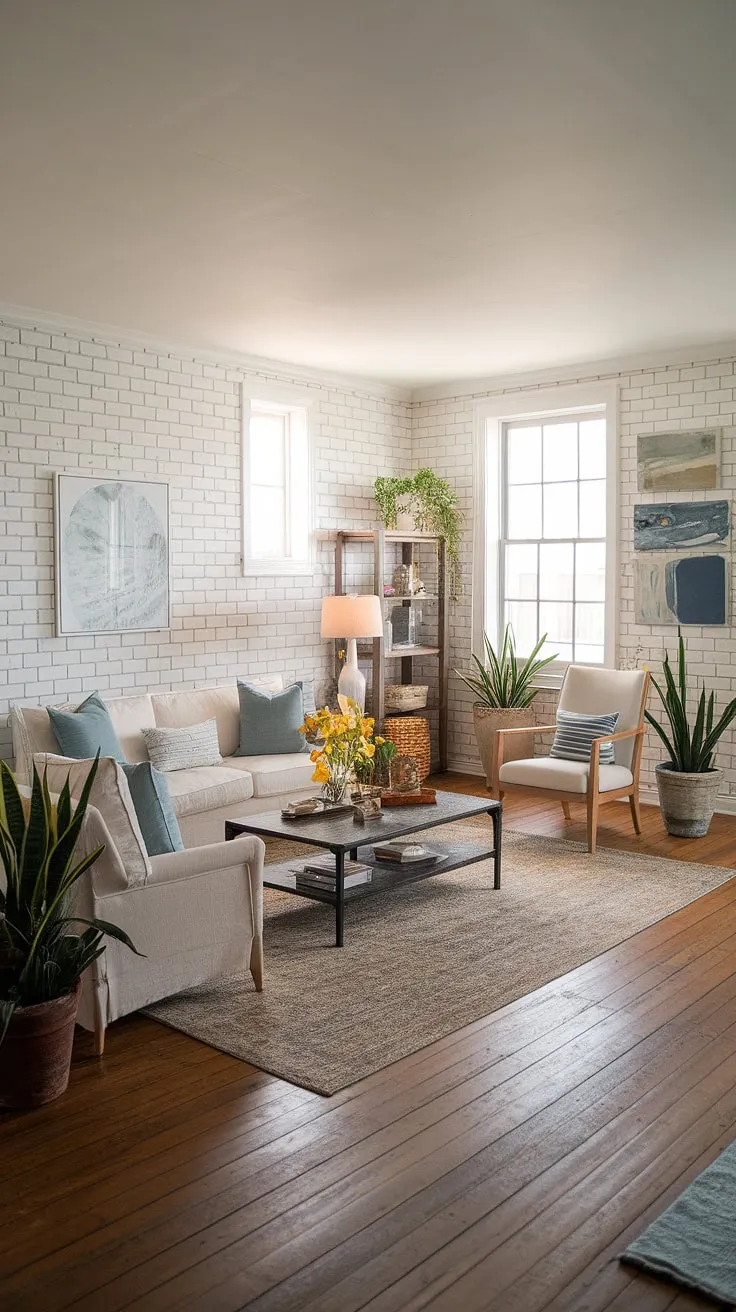 Sunlight streams through the windows of this beautiful coastal farmhouse living room, illuminating the white brick walls and the cozy furniture arrangement. The carefully curated decor, including the area rug and potted plants, adds a touch of warmth and personality to this serene space. A true haven for relaxation and connection.