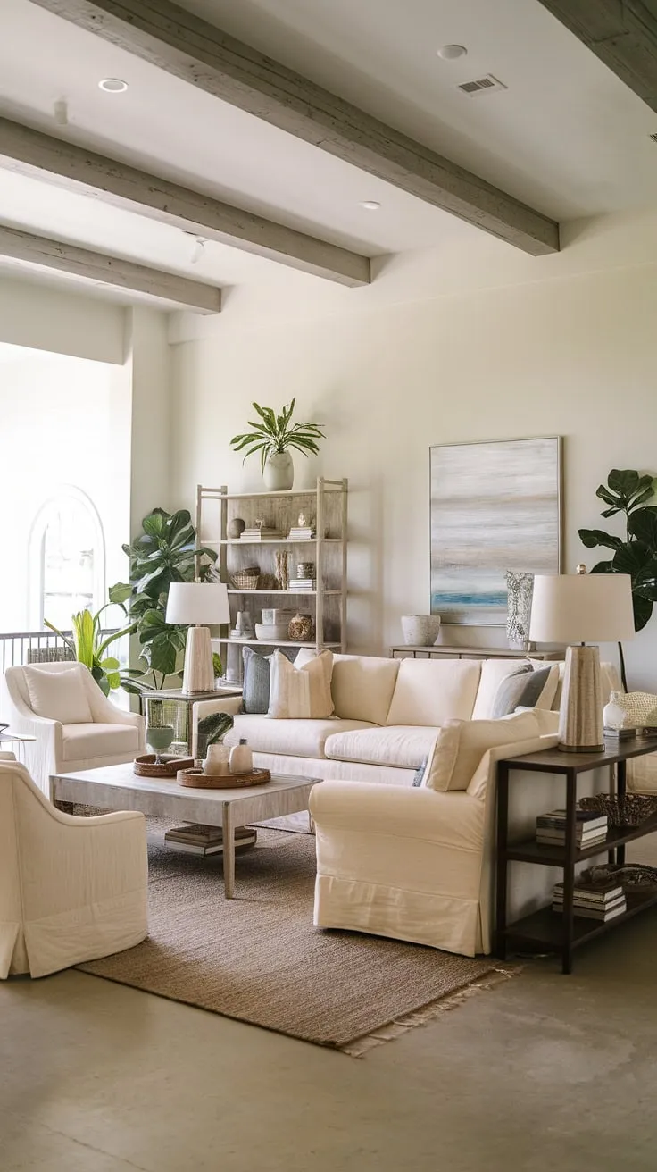 This modern farmhouse living room effortlessly blends rustic charm with a breezy coastal feel. The exposed wooden beams add architectural interest, while the neutral color palette and abundance of natural light create a sense of airy spaciousness. Potted plants scattered throughout the room bring a touch of the outdoors in, completing this tranquil and inviting space.