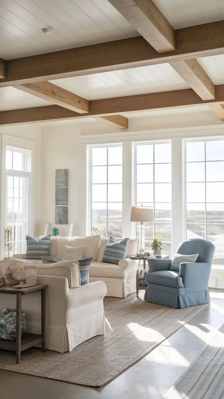 Sunlight streams through the large windows, illuminating the calming coastal vibe of this modern farmhouse living room. The beige sofa and blue armchair invite relaxation, while the exposed wooden beams add a touch of rustic charm. A perfect blend of comfort and style.