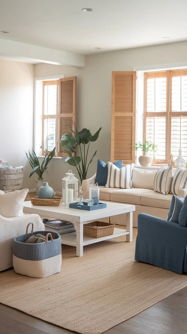 Sunlight streams through the wooden shutters, illuminating the calming coastal vibe of this modern farmhouse living room. The beige sofa, complemented by a pop of blue in the armchair, creates a serene space perfect for relaxation. A woven basket and other carefully chosen accents add warmth and texture, reflecting a style that's both effortlessly chic and comfortably lived-in.