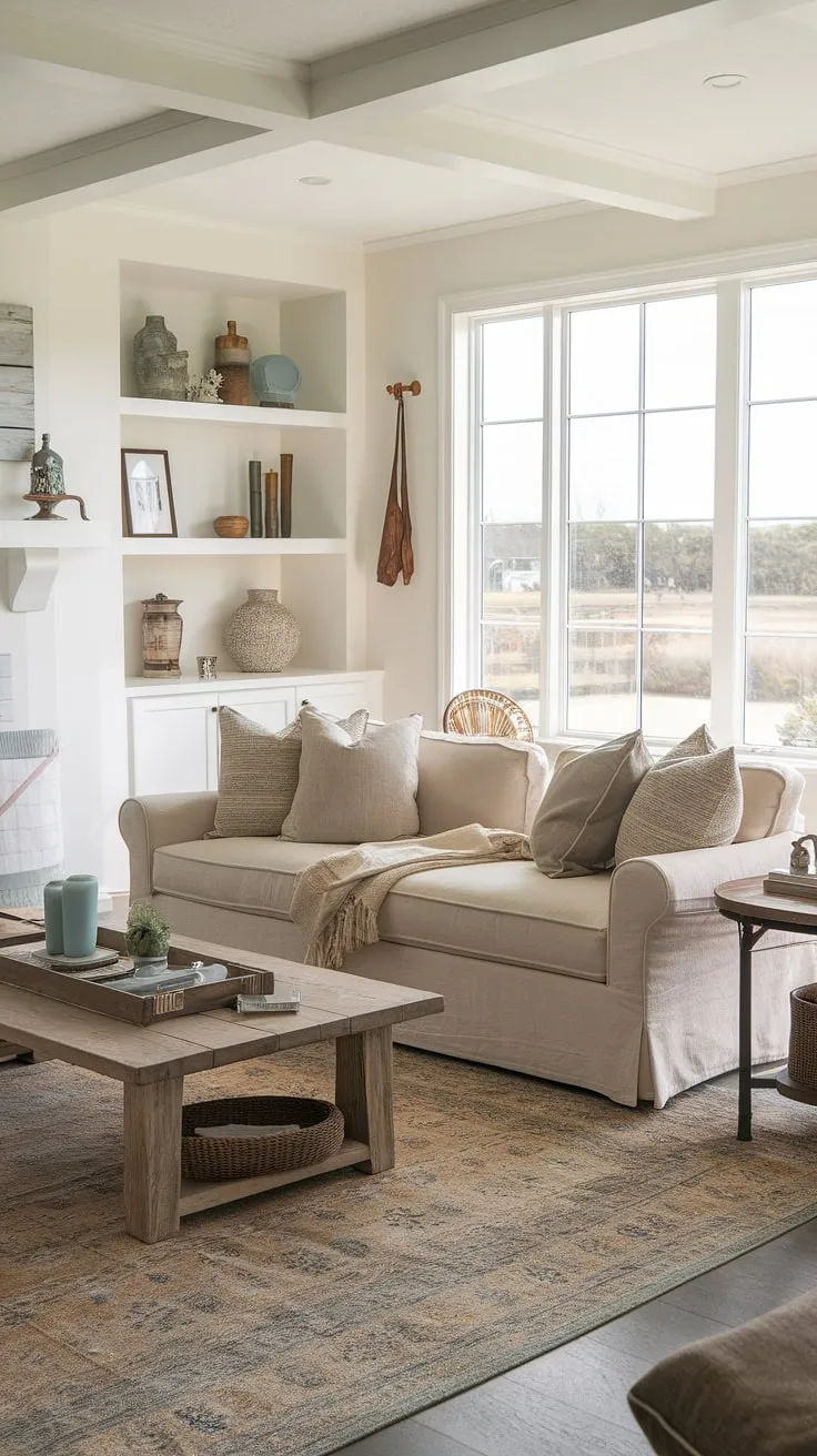 Sunlight streams through the window, illuminating the cozy details of this coastal farmhouse living room. The neutral palette, accented by the patterned rug and carefully chosen décor, evokes a sense of peaceful relaxation. A perfect blend of rustic and modern, this room is a testament to comfortable living.