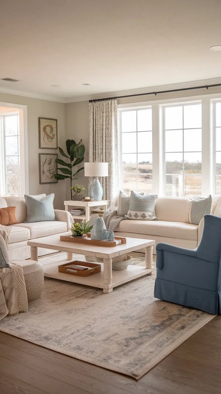 Sunlight streams through the window, illuminating the relaxed elegance of this coastal farmhouse living room. The neutral tones and textured fabrics create a welcoming atmosphere, while the pops of blue add a touch of seaside vibrancy. A perfect blend of modern and rustic, this space embodies the tranquil spirit of coastal living.