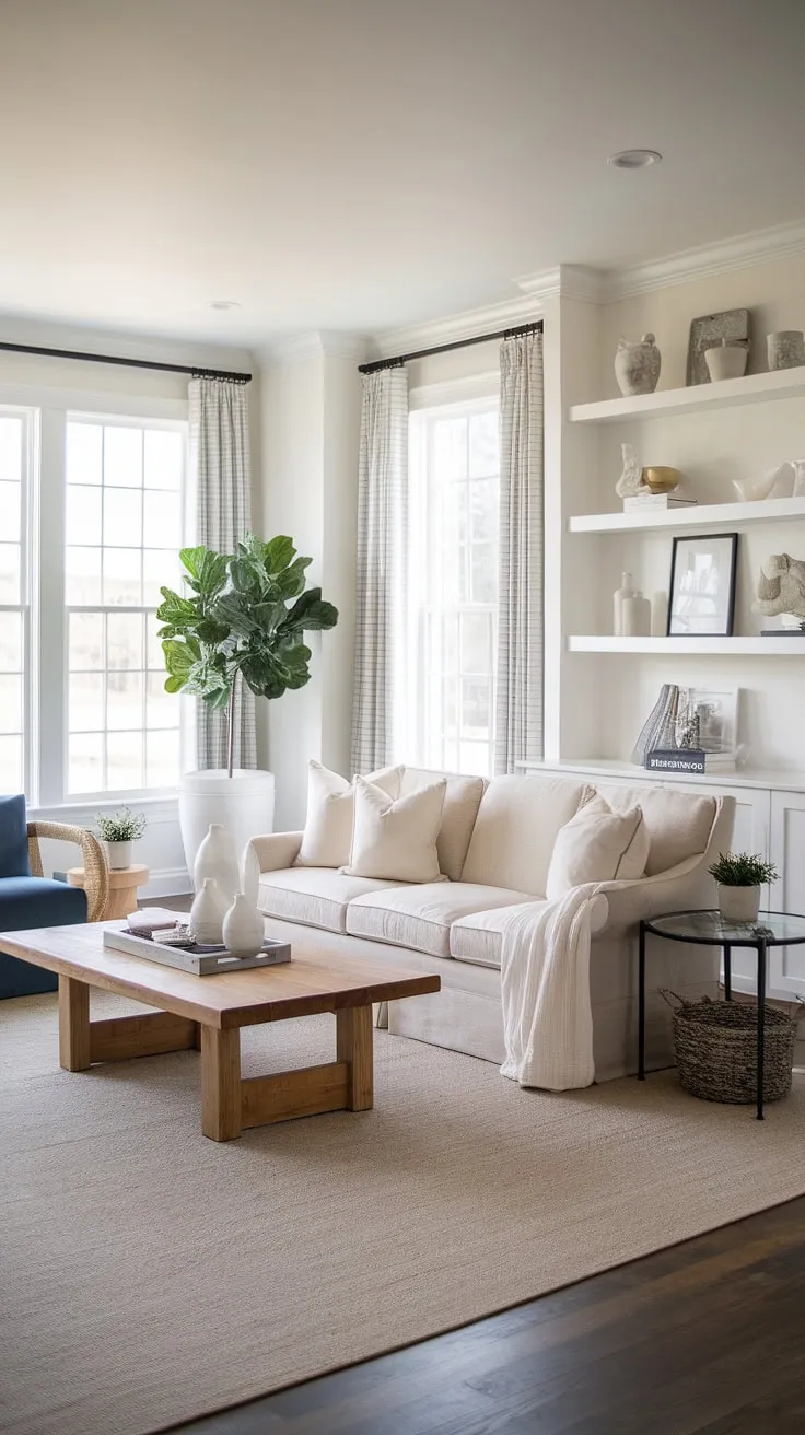 Coastal farmhouse charm at its finest. The soft beige palette, natural wood accents, and pops of blue create a serene and inviting atmosphere, perfect for relaxing after a day spent exploring the nearby shore. This space effortlessly blends modern comfort with classic coastal style.