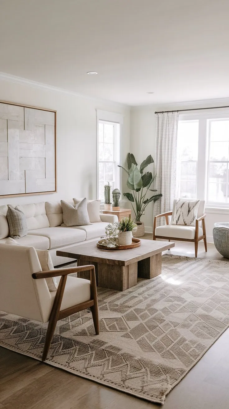 Sunlight streams into this bright and airy coastal farmhouse living room, highlighting the beautiful geometric rug and the calming beige sofa. A perfect blend of modern and rustic elements, this room offers a welcoming space for relaxation and connection. A testament to understated sophistication.