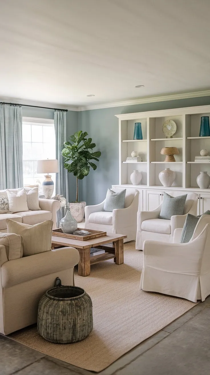 Sunlight streams into this inviting coastal farmhouse living room, highlighting the beautiful blend of textures and tones. The neutral palette, accented with natural wood and a touch of greenery, creates a space that feels both relaxed and sophisticated. A haven of peace and tranquility awaits.
