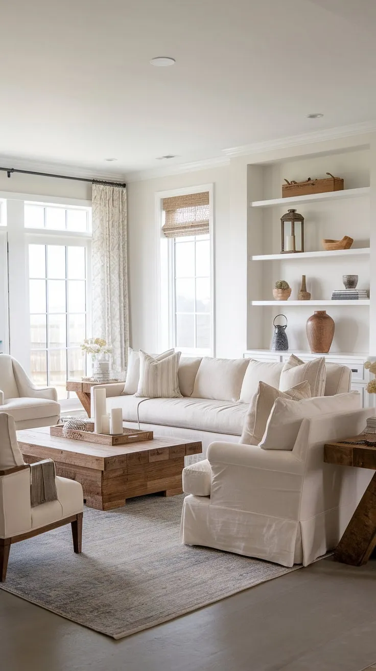 This coastal farmhouse living room embodies relaxed sophistication. The neutral palette, punctuated by natural wood accents and subtle textures, creates a serene atmosphere. Large windows offer breathtaking views, while carefully chosen decorative elements add warmth and personality to this tranquil retreat.