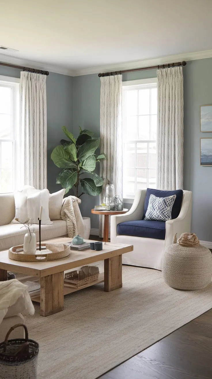 Relax and recharge in this beautifully styled coastal farmhouse living room. The neutral color palette, punctuated by subtle pops of blue, creates a tranquil and inviting space. Natural light floods the room, highlighting the comfortable seating and charming decor. It's the epitome of peaceful coastal living.