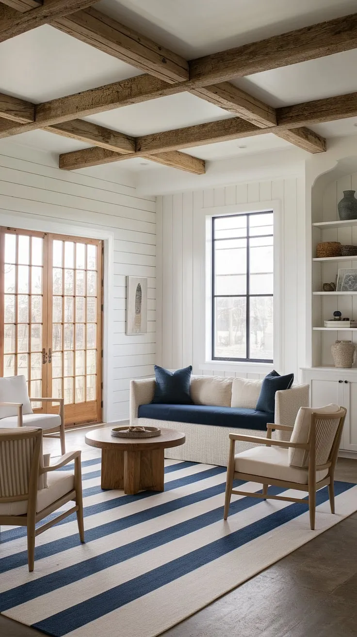 This modern farmhouse living room effortlessly blends rustic charm with a refreshing coastal aesthetic. The exposed wooden beams and white walls provide a clean backdrop for the blue and white striped rug and comfortable seating, creating a space that feels both relaxed and sophisticated. The natural light enhances the overall feeling of tranquility.