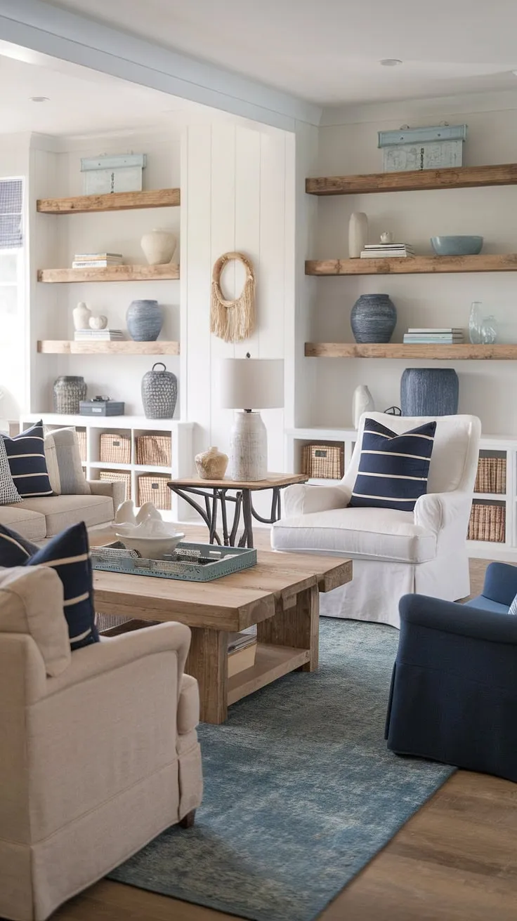 Coastal farmhouse charm meets modern comfort in this serene living space. The calming beige sofa, paired with a vibrant blue accent chair and crisp white shelving, creates a relaxed atmosphere perfect for unwinding. A touch of nautical style is added with the blue and white striped pillows, tying the coastal theme together beautifully. The wooden coffee table and rustic shelves add warmth and texture, completing this inviting and stylish a retreat.