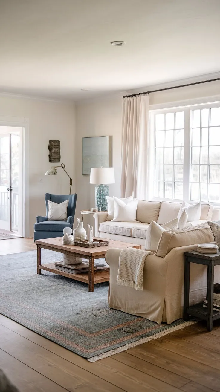 A perfect blend of modern and coastal farmhouse charm. The airy white walls, warm wooden floors, and comfortable seating arrangement create a welcoming space, ideal for relaxing and enjoying the view. The vintage lamp adds a touch of character, while the large area rug anchors the room.