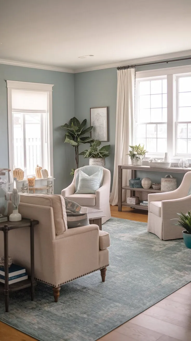 Coastal calm meets farmhouse charm in this serene living room. The soft blue walls and matching rug create a tranquil atmosphere, perfectly complemented by the beige sofa and rustic wooden accents. A touch of greenery adds life to the space, while the natural light streaming through the window enhances the overall feeling of peace and relaxation.