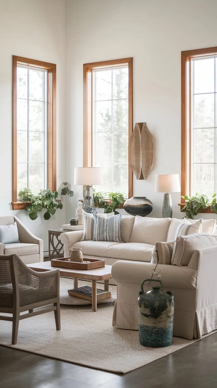 Sunlight streams through the large windows of this coastal farmhouse living room, illuminating the calming beige sofa and the thoughtfully curated modern farmhouse decor. The natural light enhances the airy feel, complemented by pops of green from the windowsill plants and the overall relaxed atmosphere. A perfect space for unwinding and enjoying the coastal breeze.