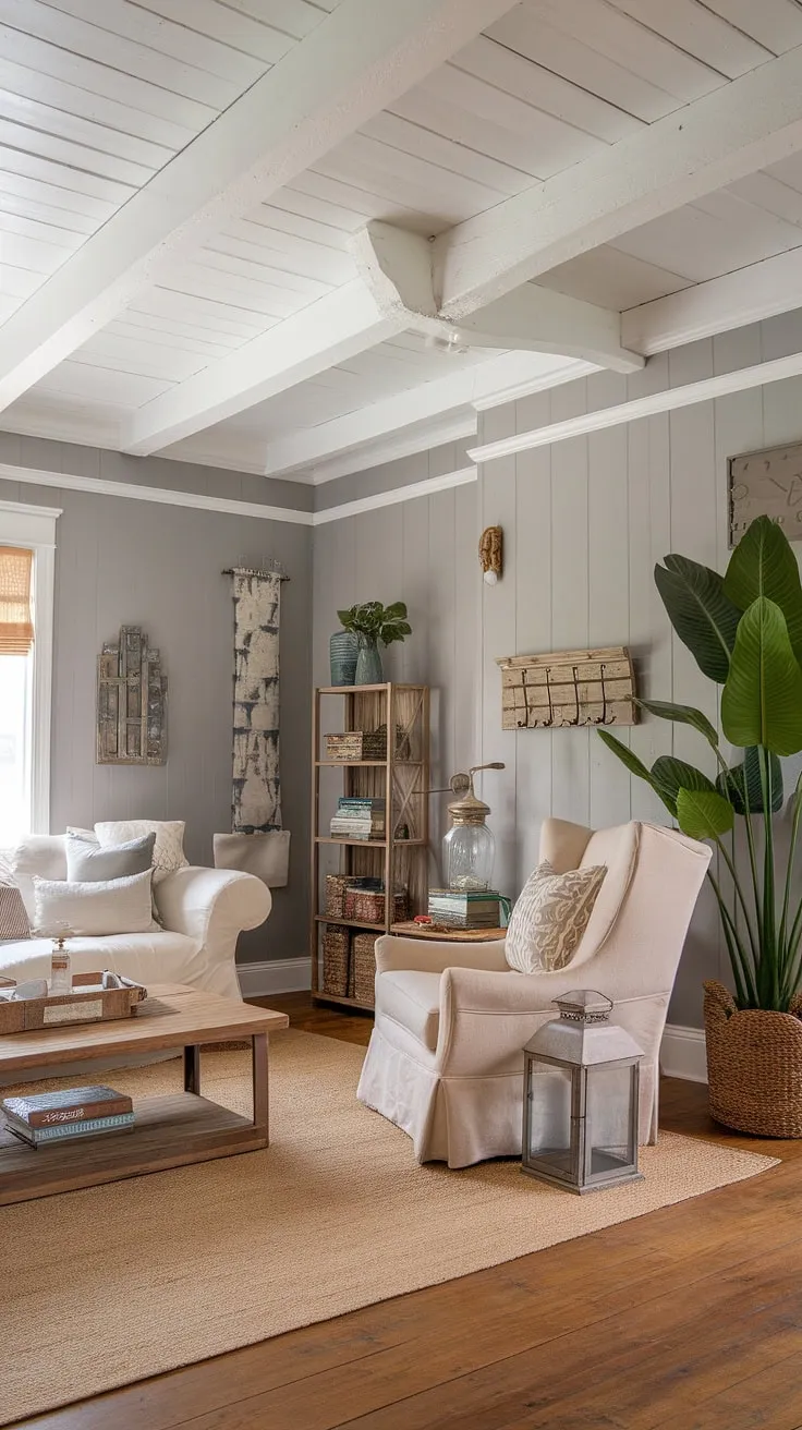 This coastal farmhouse living room is a testament to understated elegance. The airy white beams and grey walls are beautifully complemented by the warm tones of the rug and furniture. Every detail, from the potted plant to the carefully chosen accessories, contributes to a space that feels both inviting and sophisticated.