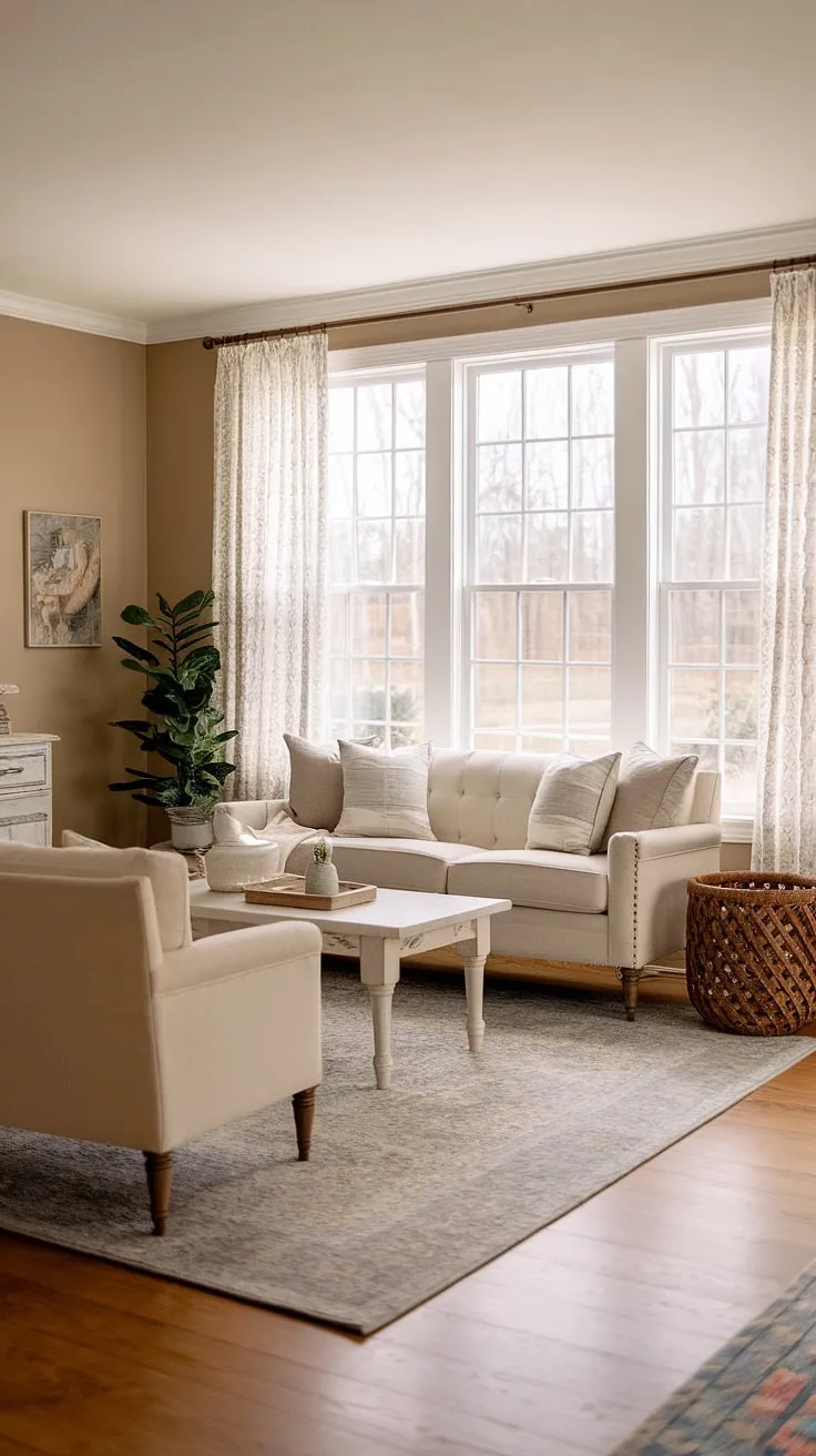 Coastal farmhouse living at its finest. The neutral palette, natural textures, and pops of greenery create a serene and inviting space, perfect for unwinding after a day spent exploring the nearby shores. The airy feel, enhanced by the lace-trimmed windows, is effortlessly chic. This is a sanctuary of calm.