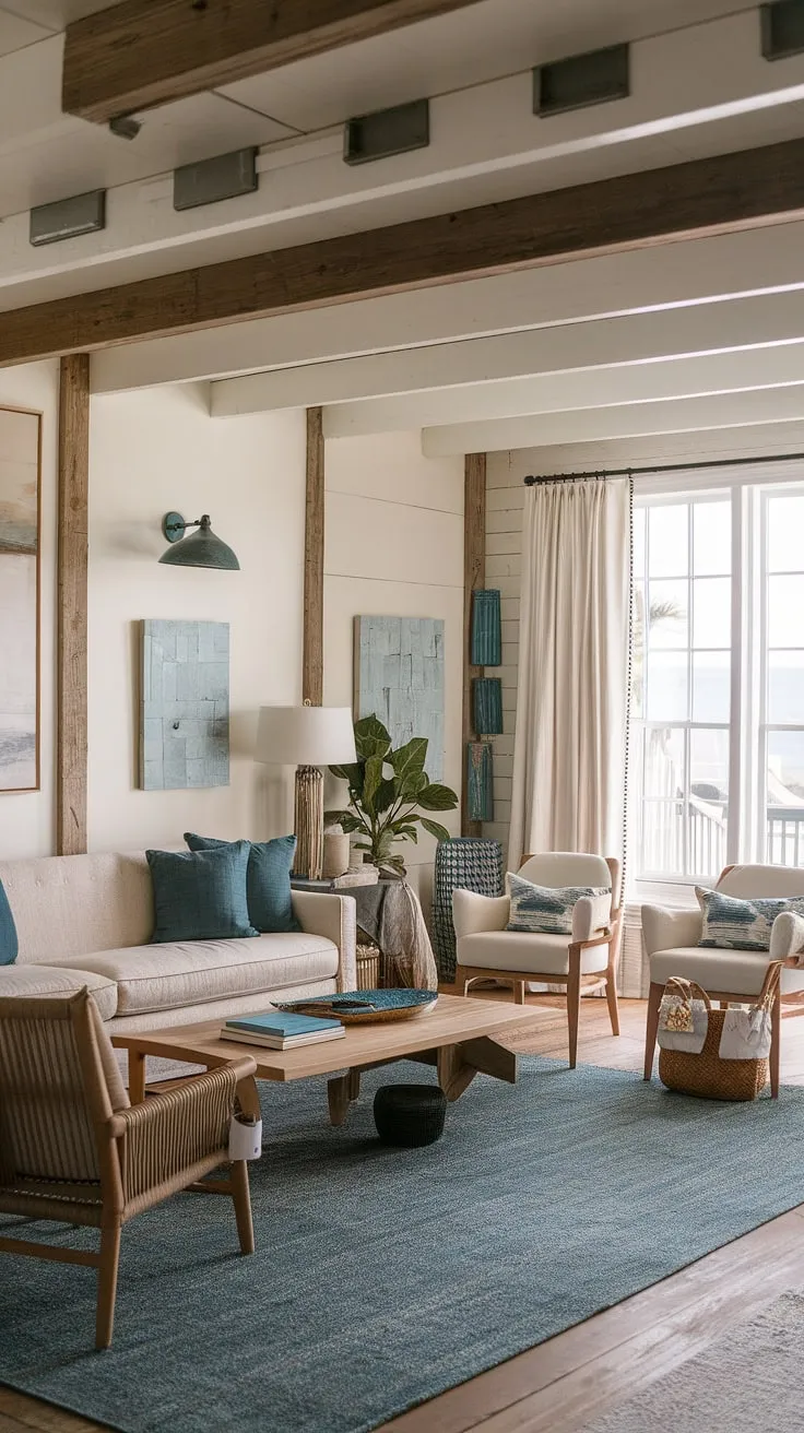 This coastal farmhouse living room is a sanctuary of serenity. The natural light, airy feel, and thoughtful details, like the blue rug and the carefully chosen artwork, create a space where you can truly unwind and appreciate the simple pleasures. A true haven.