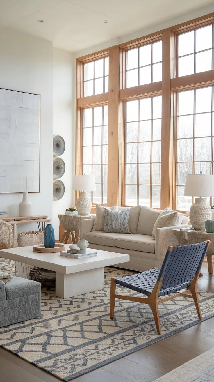 This modern farmhouse living room effortlessly blends coastal serenity with rustic charm. The airy space, filled with natural light, is enhanced by carefully chosen textures and a sophisticated color palette, creating a haven of tranquility and understated elegance.