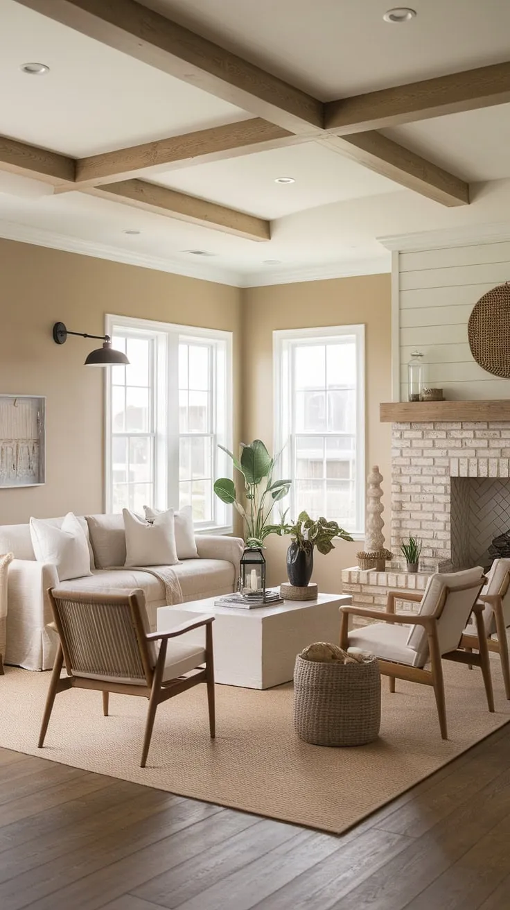 Coastal farmhouse charm meets modern comfort in this serene living space. The exposed beams and brick fireplace add warmth, while the light color palette and natural textures create a calming atmosphere. A perfect blend of rustic and refined.