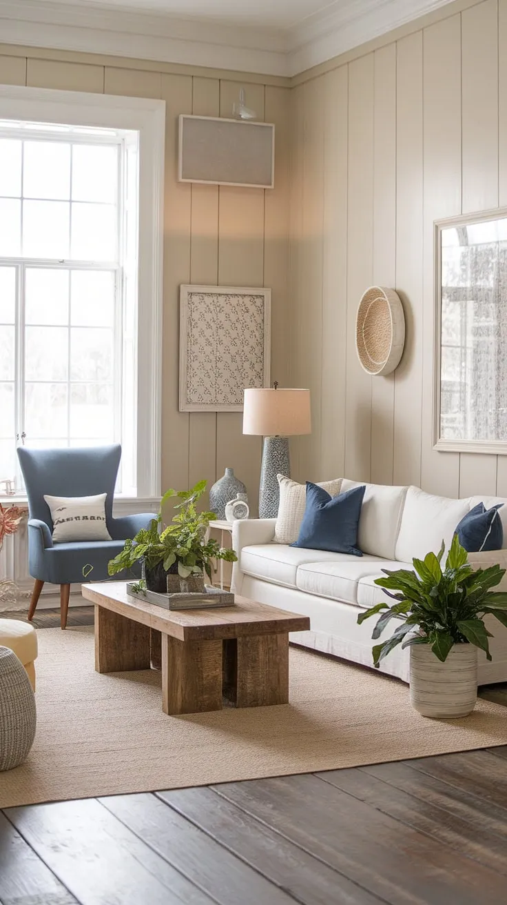 Sunlight streams into this airy living room, highlighting the calming coastal farmhouse design. The blend of textures and colors, from the white sofa to the rustic coffee table, creates a space that is both stylish and a incredibly relaxing. It's the perfect spot to unwind and enjoy the simple pleasures.