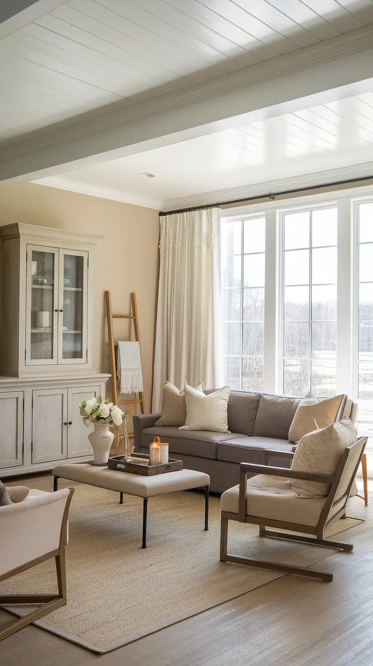Coastal calm meets modern farmhouse charm in this serene living space. The whitewashed ceiling and neutral palette create a tranquil atmosphere, perfectly complemented by the comfortable gray sofa and inviting textures. A touch of rustic elegance is added with the wooden accents and the natural light streaming through the window, making it the perfect spot for relaxation and quiet contemplation. A sense of airy spaciousness is achieved through the thoughtful arrangement of furniture and decor.