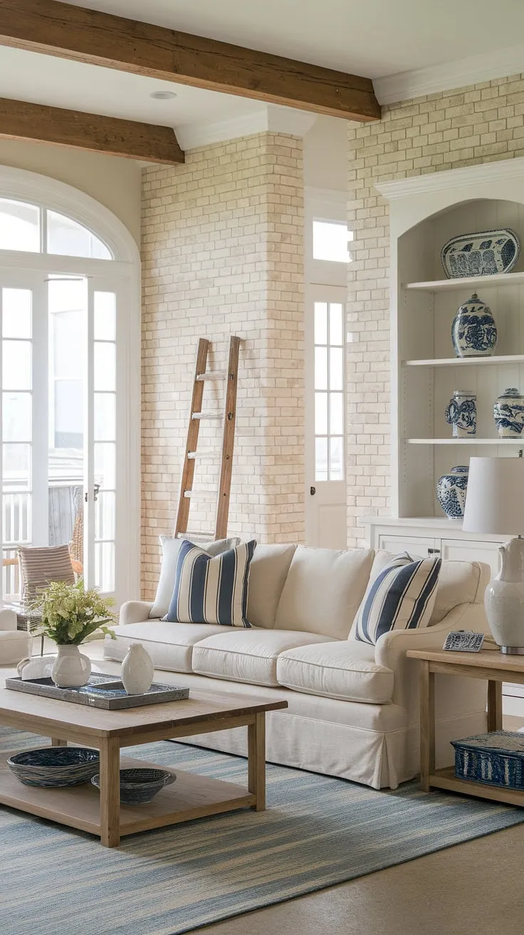 Sunlight streams through the large window of this coastal farmhouse living room, illuminating the calming beige sofa and the cheerful blue and white striped pillows. The carefully chosen details, from the wooden coffee table and white bookshelf to the blue and white area rug, create a space that feels both relaxed and thoughtfully designed. The rustic wooden ladder adds a touch of charming imperfection, perfectly complementing the modern farmhouse aesthetic.