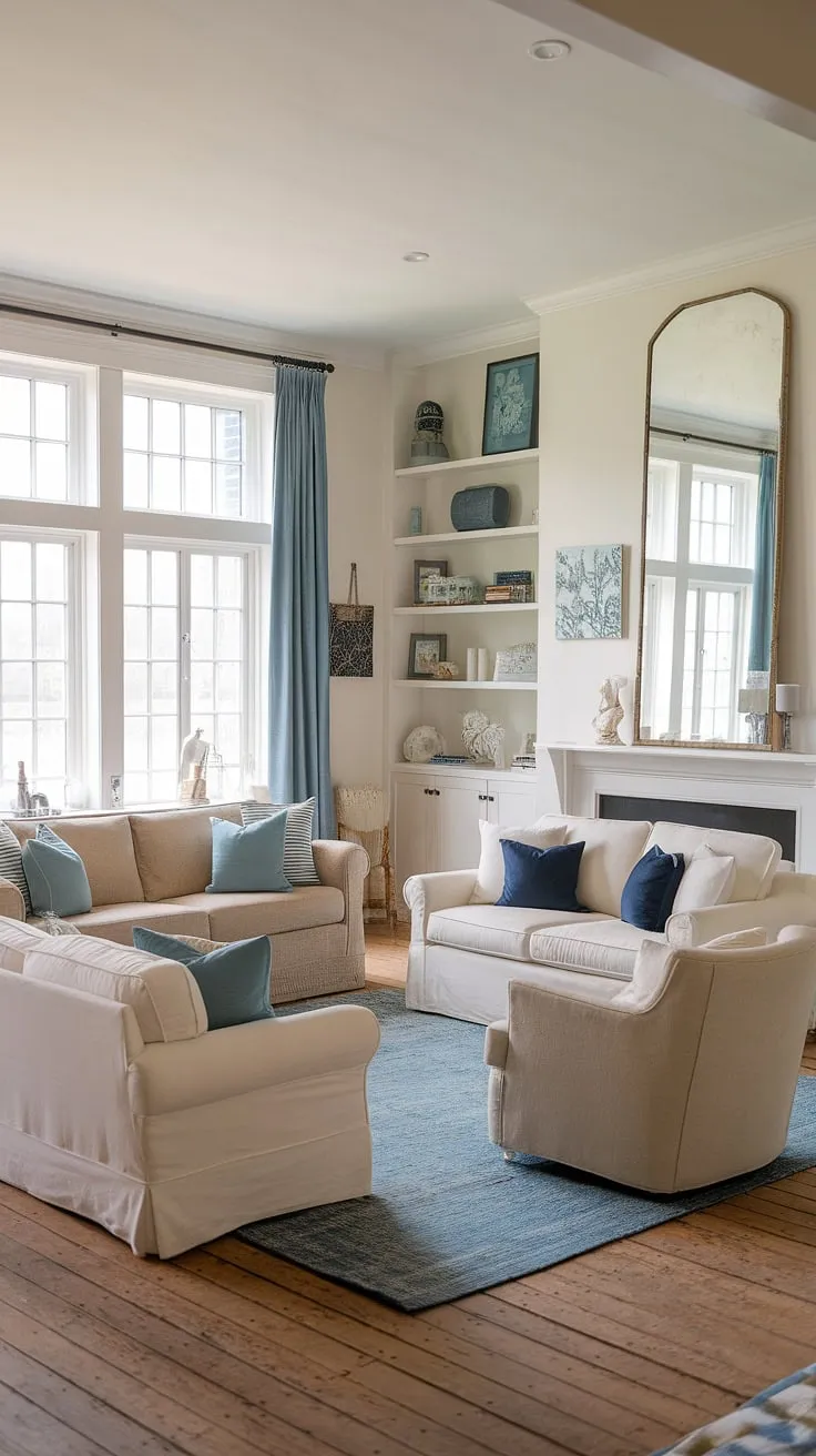This coastal farmhouse living room effortlessly blends relaxed elegance with rustic appeal. The thoughtful arrangement of furniture, the beautiful artwork, and the abundance of natural light all contribute to a space that feels both stylish and incredibly comfortable. A true haven for relaxation and rejuvenation.