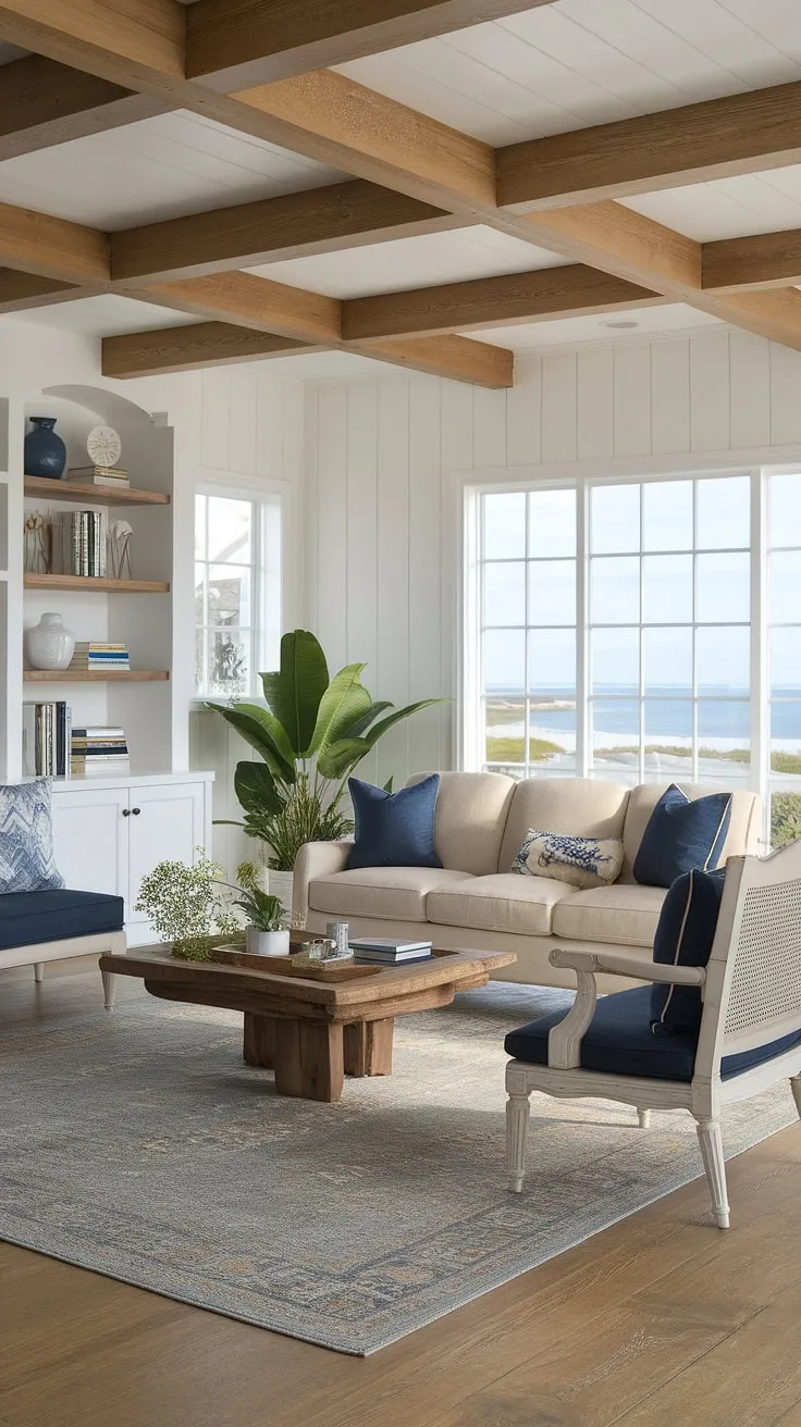 Coastal farmhouse living at its finest. The calming blues and natural textures create a serene space where the ocean view is the perfect centerpiece, enhanced by the cozy comfort of the furnishings. A perfect blend of modern and rustic charm.