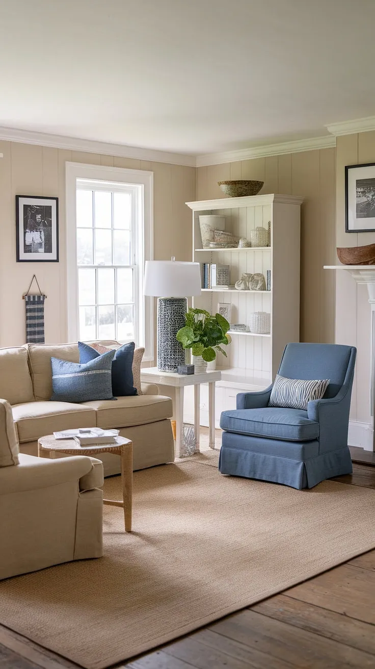 Sunlight streams into this peaceful coastal farmhouse living room, highlighting the subtle textures and calming color palette. The comfortable seating arrangement, complete with a touch of greenery, invites you to unwind and enjoy the simple pleasures of home.