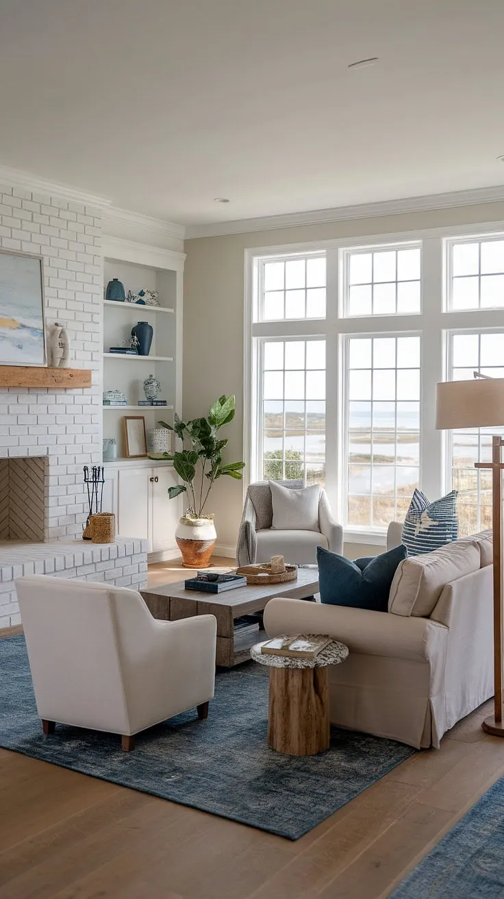 Coastal calm meets farmhouse charm in this serene living room. The white brick fireplace, blue rug, and pops of blue and white throughout create a space that's both inviting and effortlessly stylish. A perfect blend of textures and tones, this room is a testament to the beauty of simple, elegant design. The large windows offer breathtaking views, completing this tranquil coastal escape.