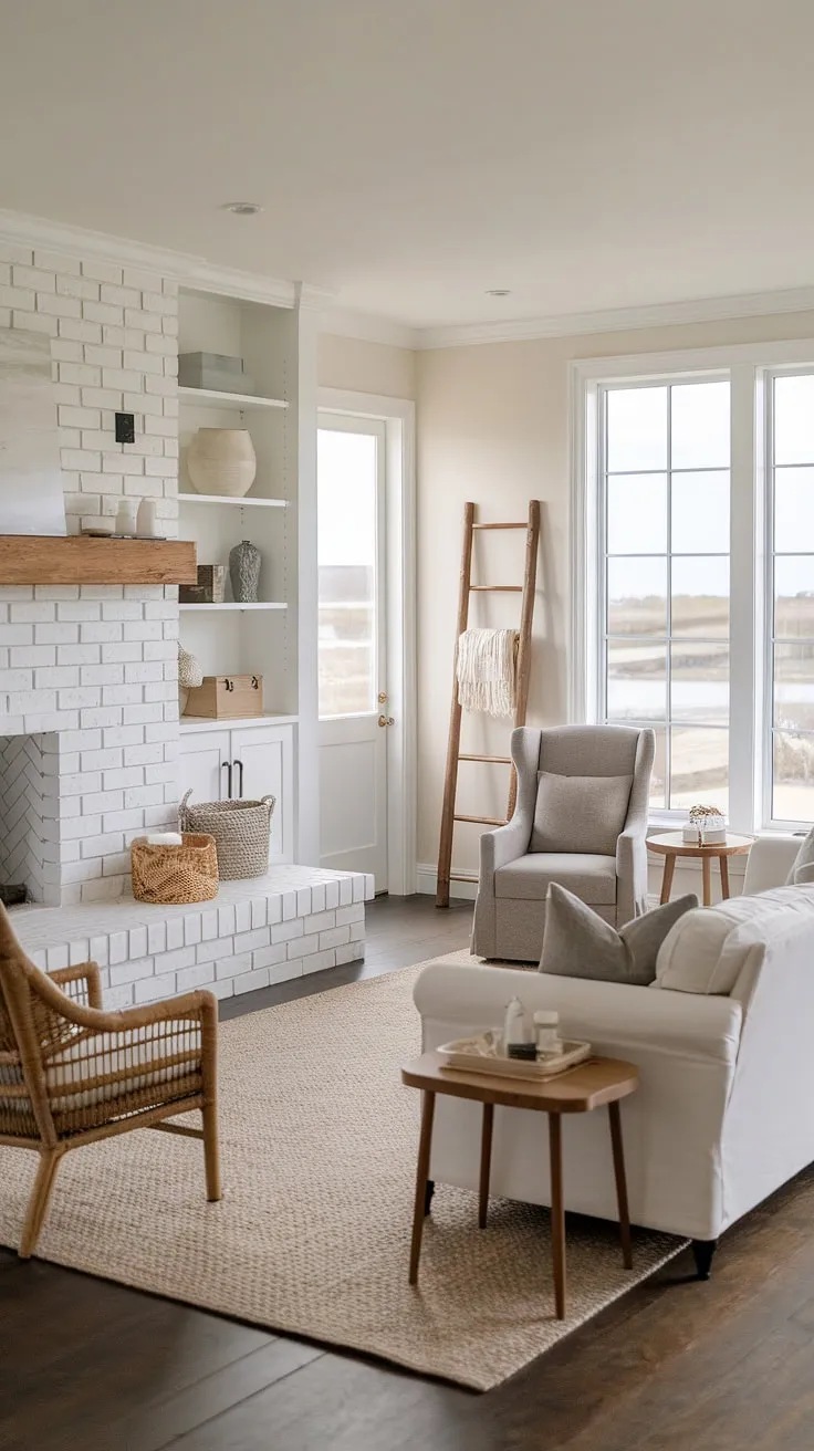 Coastal farmhouse charm at its finest. The white brick fireplace, built-in shelving, and soft gray tones create a serene and inviting atmosphere, perfectly complemented by the natural light streaming in and the view beyond. A perfect blend of rustic and modern, this space effortlessly balances comfort and style.